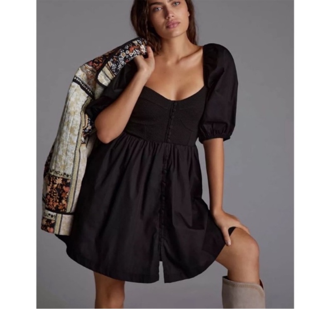 NWT - Anthropologie Black Puffy Sleeve Baby Doll Mini Dress - Size Small